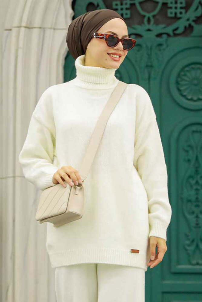 Neva Style - Pull en Tricot Hijab Ecru 50501E - 1