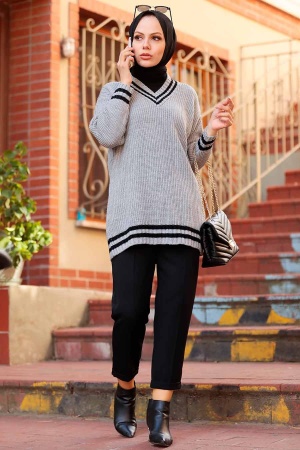 Neva Style -Pull Tricot Hijab Gris 7854GR - 1