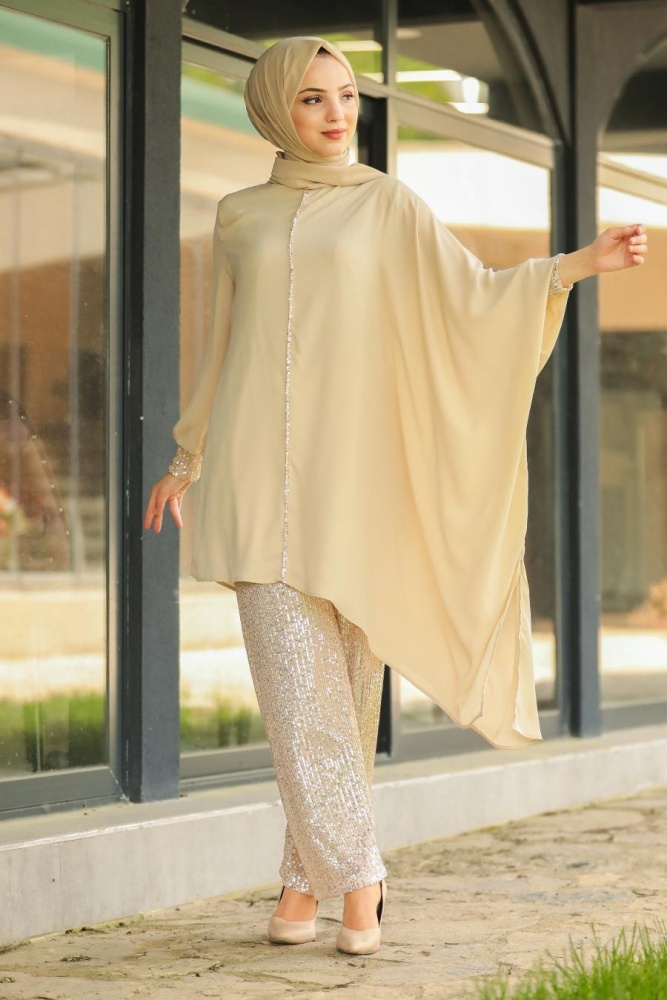 Neva Style - Pullu Bej Tesettür İkili Takım 10830BEJ - 1