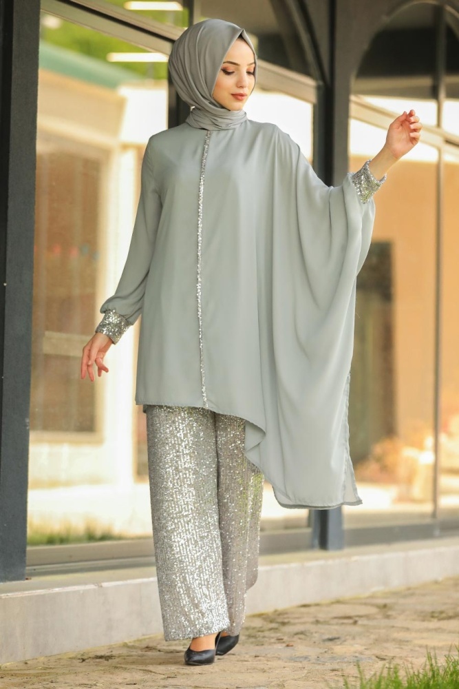 Neva Style - Pullu Gri Tesettür İkili Takım 10830GR - 1