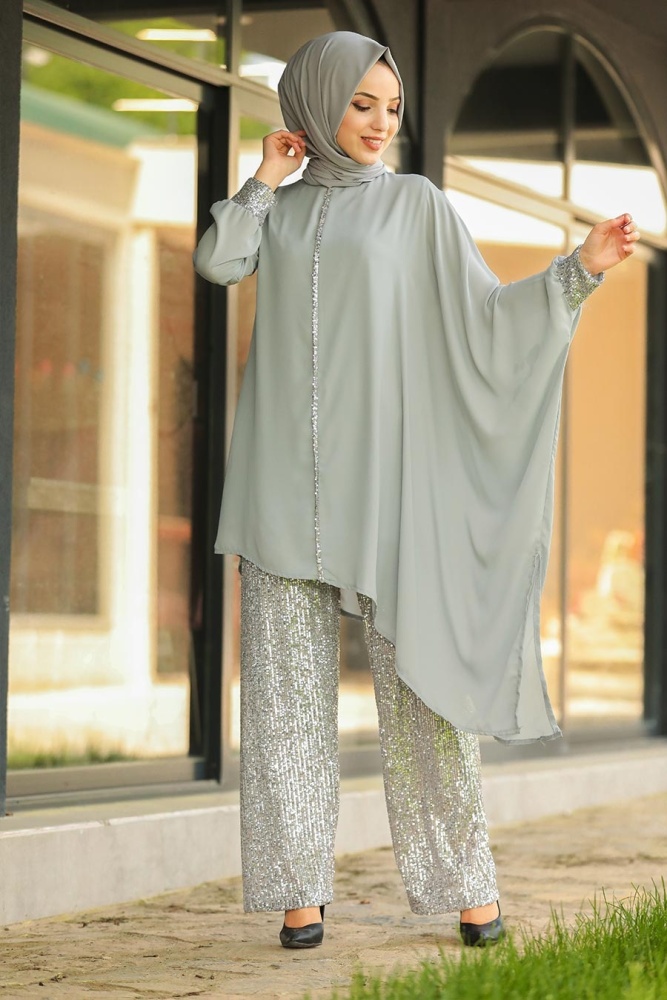 Neva Style - Pullu Gri Tesettür İkili Takım 10830GR - 2
