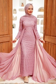 Neva Style - Pullu Gül Kurusu Tesettür Abiye Elbise 90000GK - Thumbnail