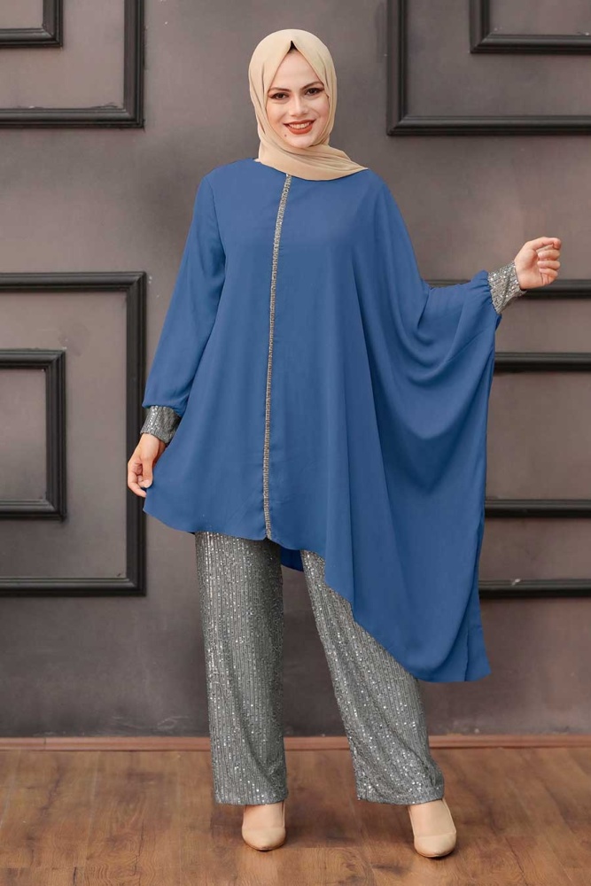 Neva Style - Pullu İndigo Mavisi Tesettür İkili Takım 10830IM - 1