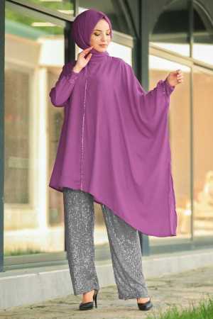 Neva Style - Pullu Lila Tesettür İkili Takım 10830LILA - 1