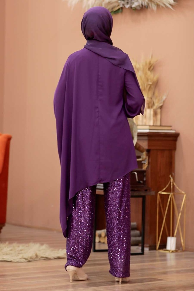 Neva Style - Pullu Mürdüm Tesettür İkili Takım 10830MU - 2