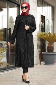 Neva Style - Pullu Sakallı Siyah Tesettür Ceket 3123S - Thumbnail