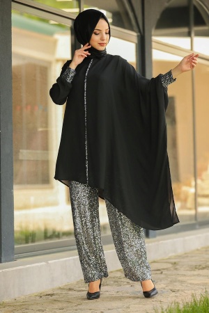 Neva Style - Pullu Siyah Tesettür İkili Takım 10830S - 1