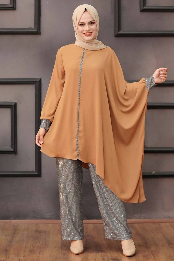 Neva Style - Pullu Taba Tesettür İkili Takım 10830TB - 1