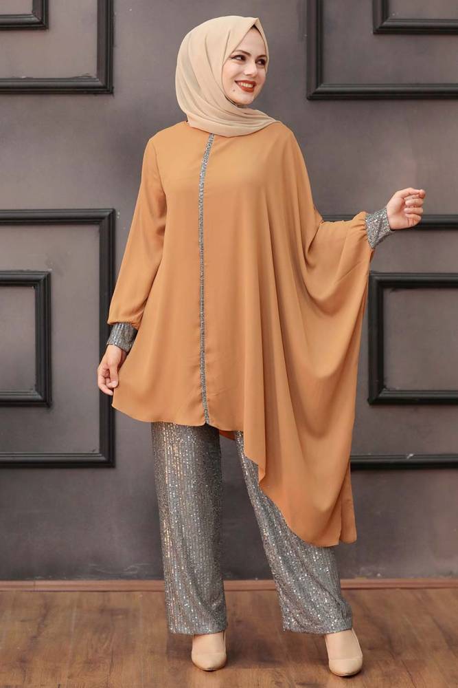 Neva Style - Pullu Taba Tesettür İkili Takım 10830TB - 2