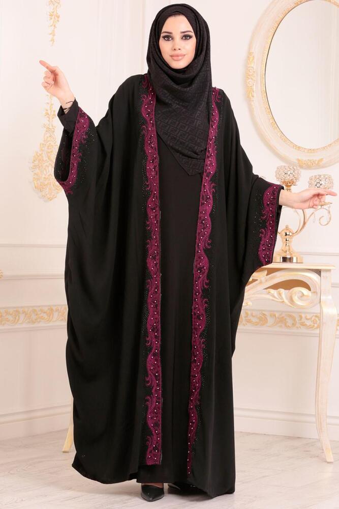 Boncuk Detaylı Mor Tesettür Abaya 9595MOR - 1