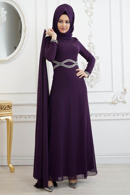 Pelerinli Mor Tesettür Abiye Elbise 8094MOR - 3