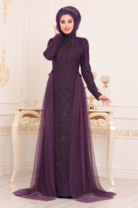 Neva Style - Long Sleeve Purple Muslim Dress 3642MOR