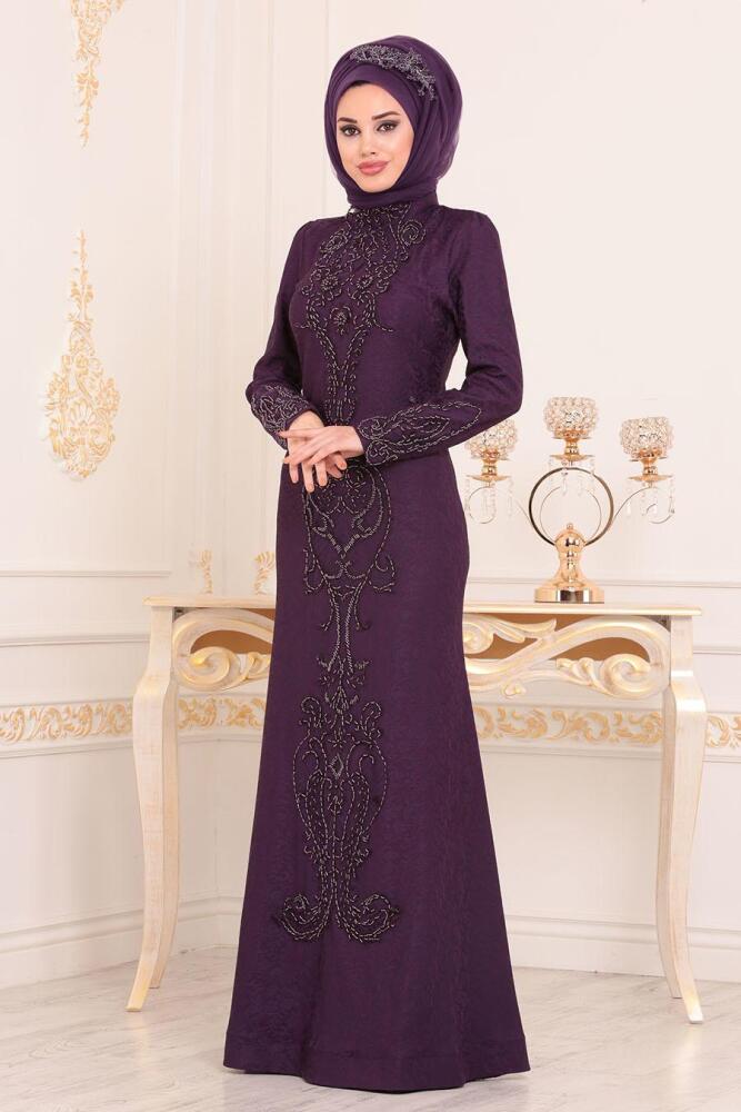 Neva Style - Long Sleeve Purple Muslim Dress 3642MOR - 3