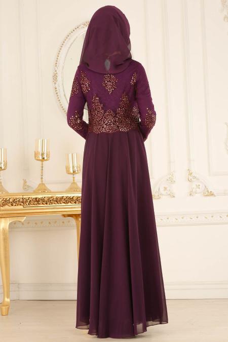 Üzeri Boncuk Dantelli Mor Tesettür Abiye Elbise 7688MOR - 3