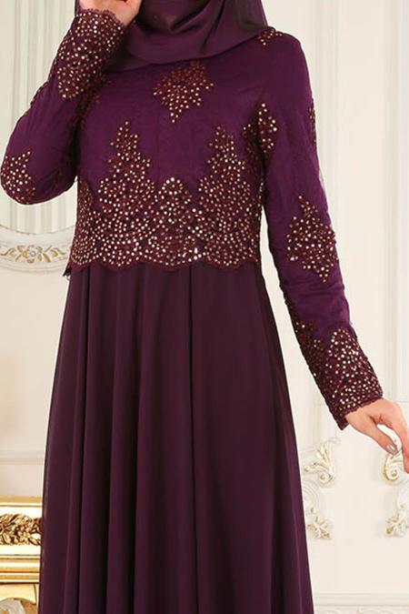 Üzeri Boncuk Dantelli Mor Tesettür Abiye Elbise 7688MOR - 4