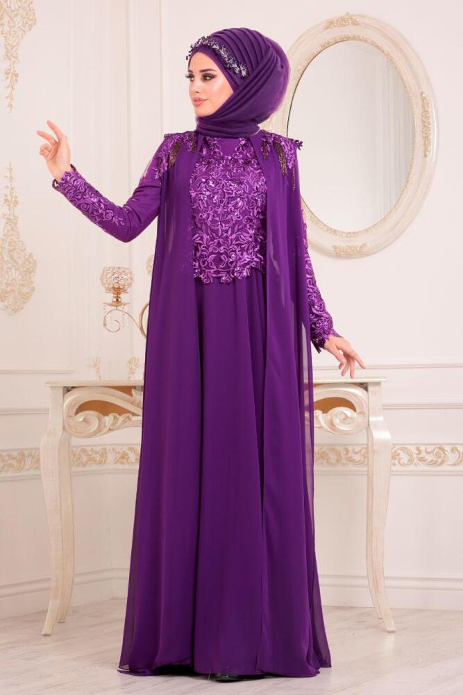 Pul Payetli Mor Tesettür Abiye Elbise 85250MOR - 1
