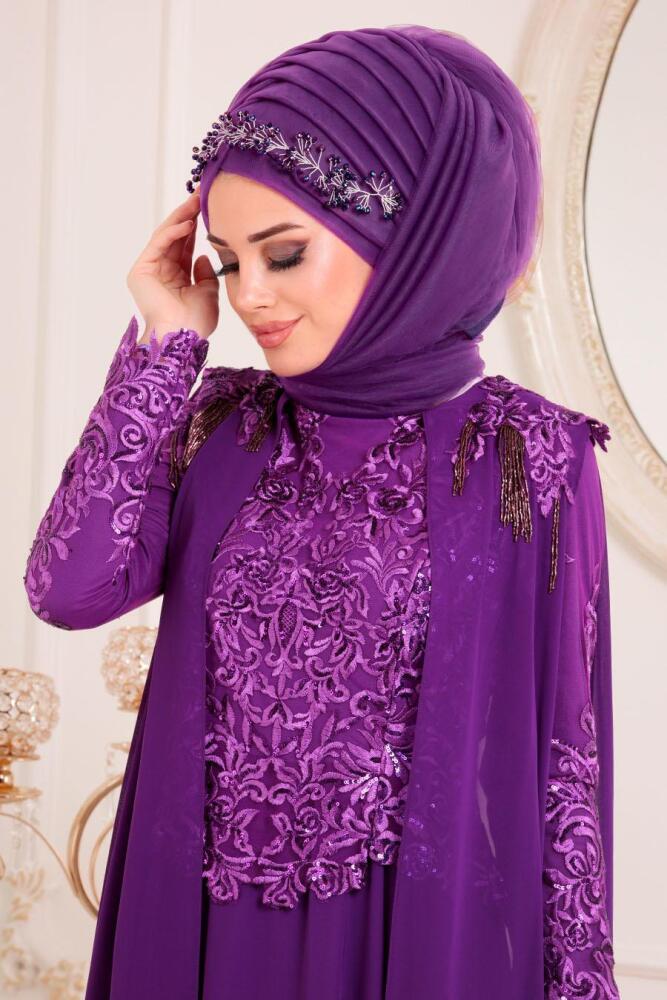 Pul Payetli Mor Tesettür Abiye Elbise 85250MOR - 2