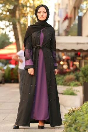 İnci İşlemeli Mor Tesettür Abaya 100231MOR - 1