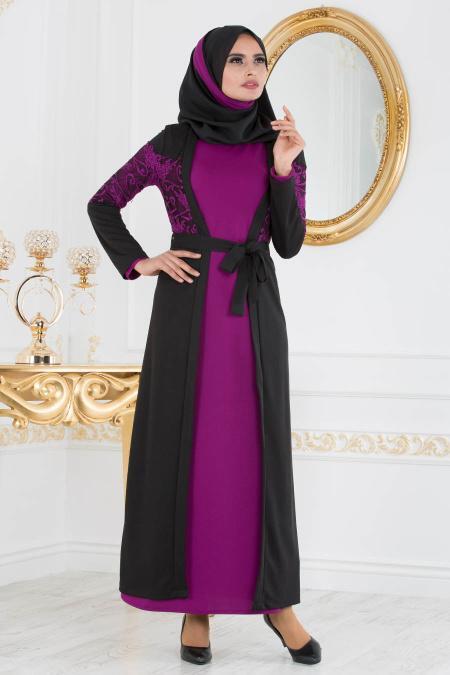 Mor Tesettür Kombin Abaya 100299MOR - 2