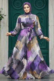 Neva Style - Purple Long Muslim Dress 33092MOR - Thumbnail