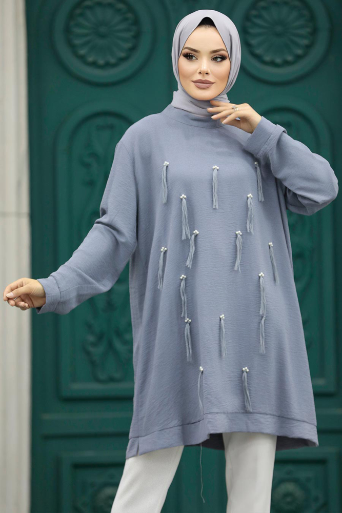  Püskül Detaylı Gri Tesettür Tunik 21032GR - 1