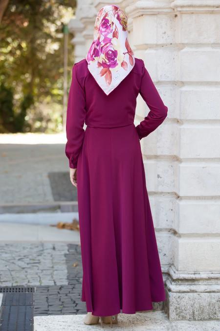 Neva Style - Püskül Detaylı Mürdüm Elbise - 2