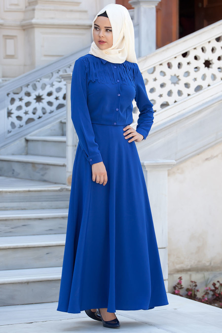 Neva Style - Püskül Detaylı Sax Mavi Elbise