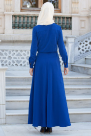 Neva Style - Püskül Detaylı Sax Mavi Elbise - Thumbnail