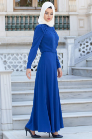 Neva Style - Püskül Detaylı Sax Mavi Elbise - Thumbnail