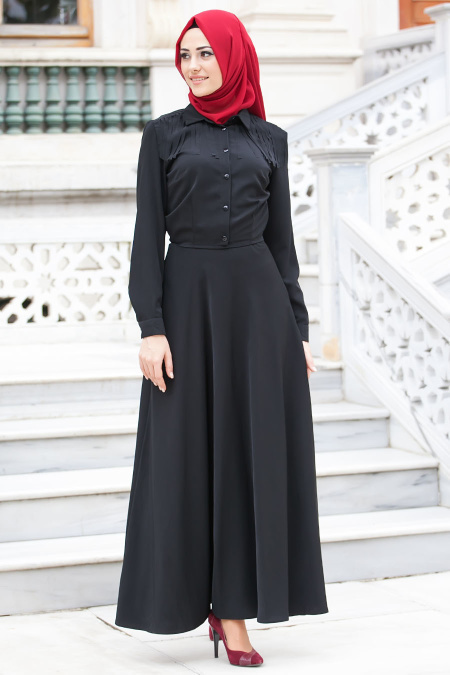 Neva Style - Püskül Detaylı Siyah Elbise