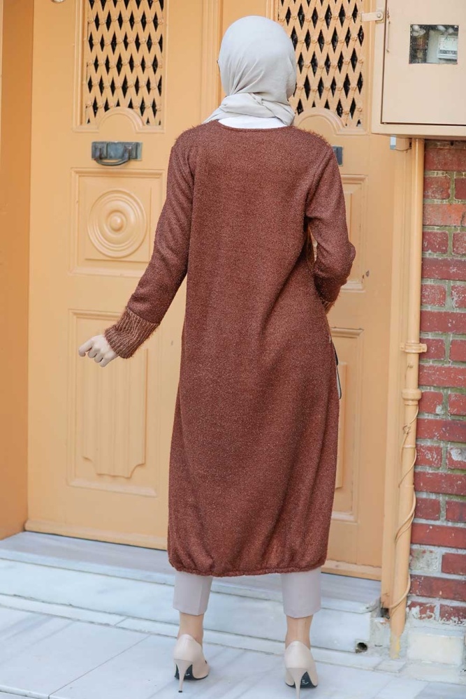  Püskül Detaylı Taba Tesettür Triko Tunik 30641TB - 3