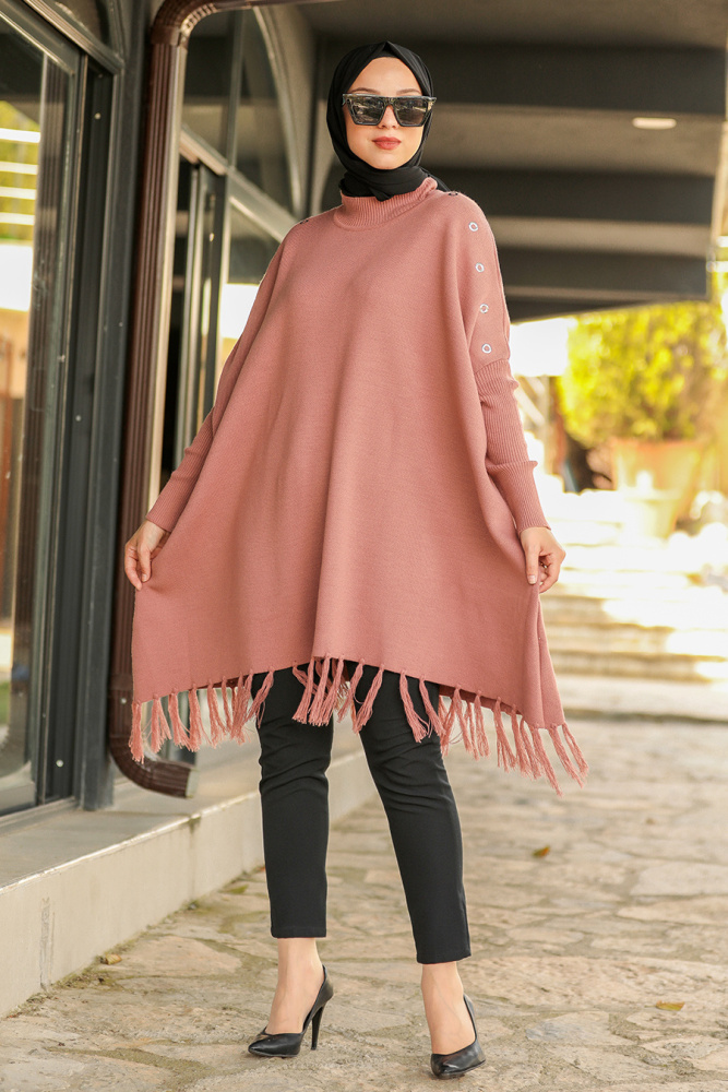 Neva Style - Püsküllü Gül Kurusu Tesettür Triko Panço 2305GK - NEVA STYLE