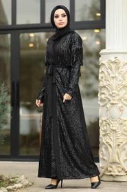 Neva Style - Püsküllü Pullu Siyah Tesettür Abaya 9117S - Thumbnail