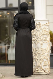 Neva Style - Püsküllü Pullu Siyah Tesettür Abaya 9117S - Thumbnail