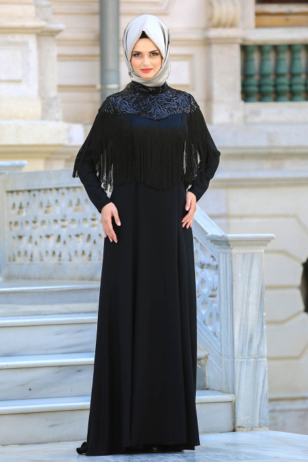 Neva Style - Püsküllü Siyah Tesettür Abiye Elbise 3547S