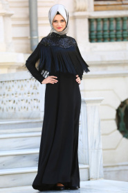 Neva Style - Püsküllü Siyah Tesettür Abiye Elbise 3547S - Thumbnail