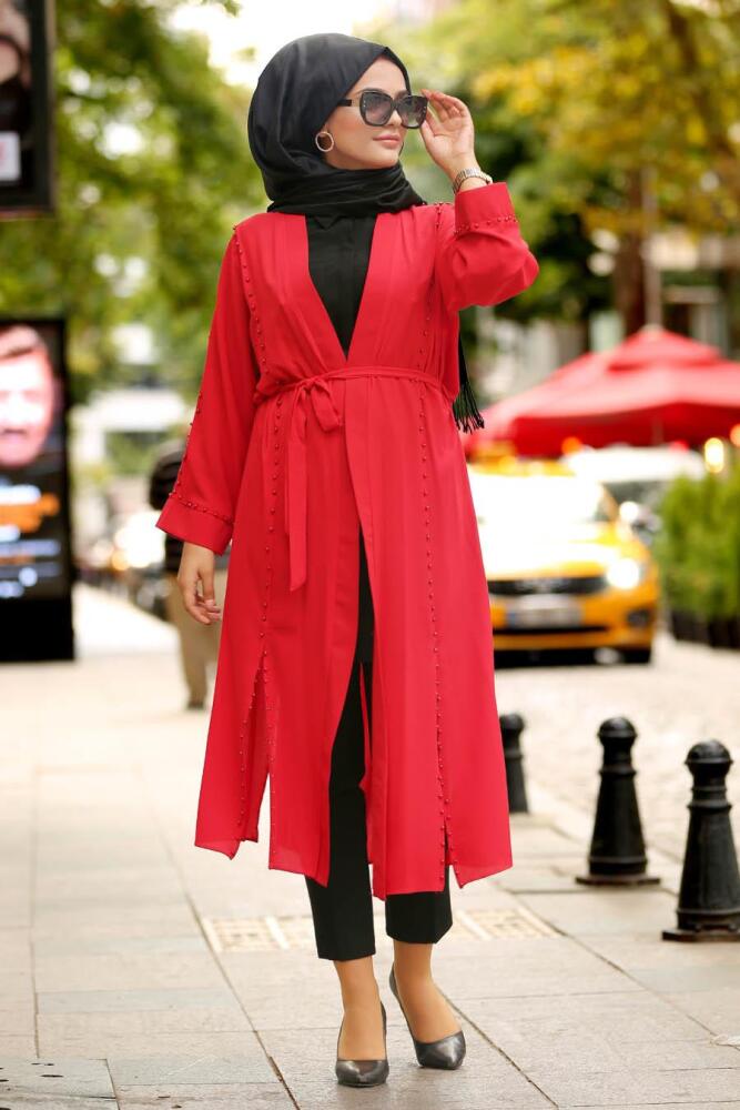 Boncuk Detaylı Kırmızı Tesettür Abaya 40330K - 1