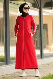 Fermuarlı Kırmızı Tesettür Elbise 1001K - Thumbnail