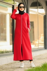 Fermuarlı Kırmızı Tesettür Elbise 1001K - Thumbnail