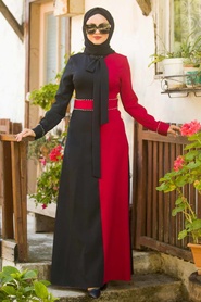 Boncuk Detaylı Kırmızı Tesettür Elbise 1222K - Thumbnail