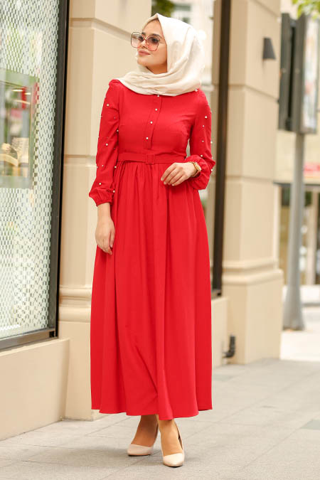Boncuk Detaylı Kemerli Kırmızı Tesettür Elbise 3158K