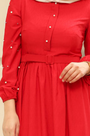 Boncuk Detaylı Kemerli Kırmızı Tesettür Elbise 3158K - Thumbnail