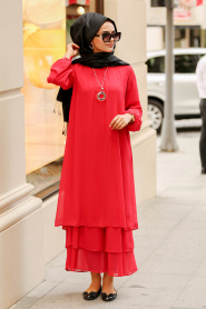 Kolyeli Kırmızı Tesettür Elbise 3167K - Thumbnail