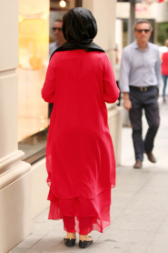 Kolyeli Kırmızı Tesettür Elbise 3167K - Thumbnail