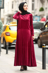 Kadife Pileli Kırmızı Tesettür Elbise 3194K - Thumbnail