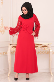 Püsküllü Kırmızı Tesettür Elbise 40640K - Thumbnail