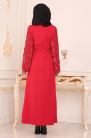 Püsküllü Kırmızı Tesettür Elbise 40640K - Thumbnail
