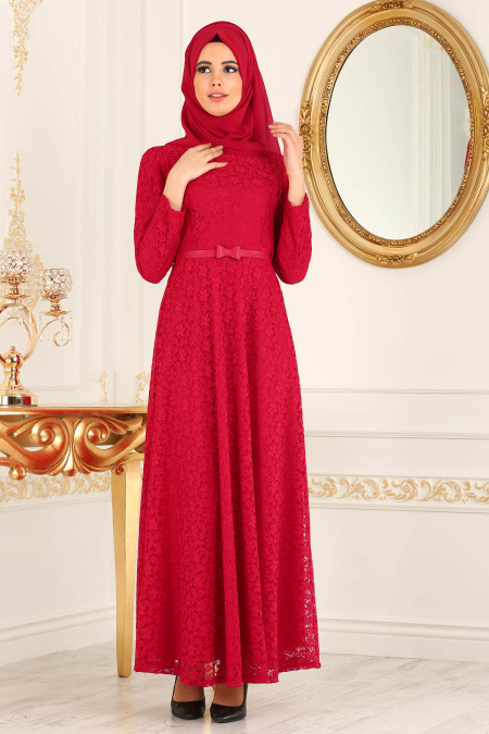 Dantelli Kırmızı Tesettür Abiye Elbise 4134K