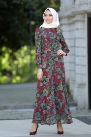 Neva Style - Red Hijab Dress 7032-06K - Thumbnail