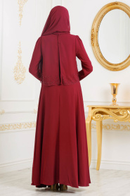 Boncuk Detaylı Kırmızı Tesettür Abiye Elbise 36840K - Thumbnail